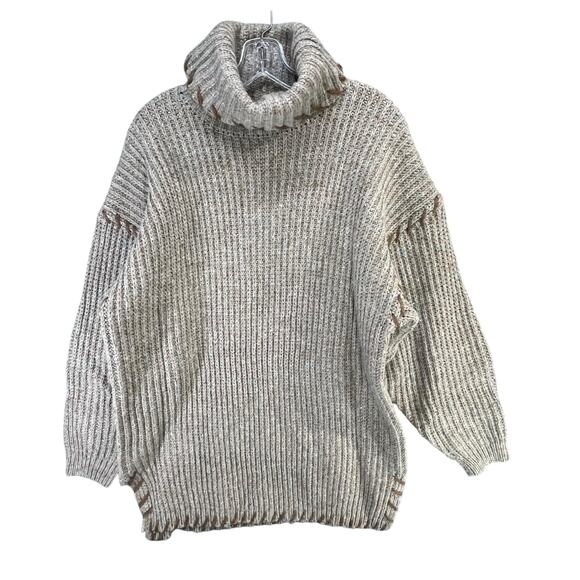 Vintage Y2K Chunky Knit Sweater XL Beige Cream Ribbed Turtleneck Cottage Cabin - Picture 2 of 13